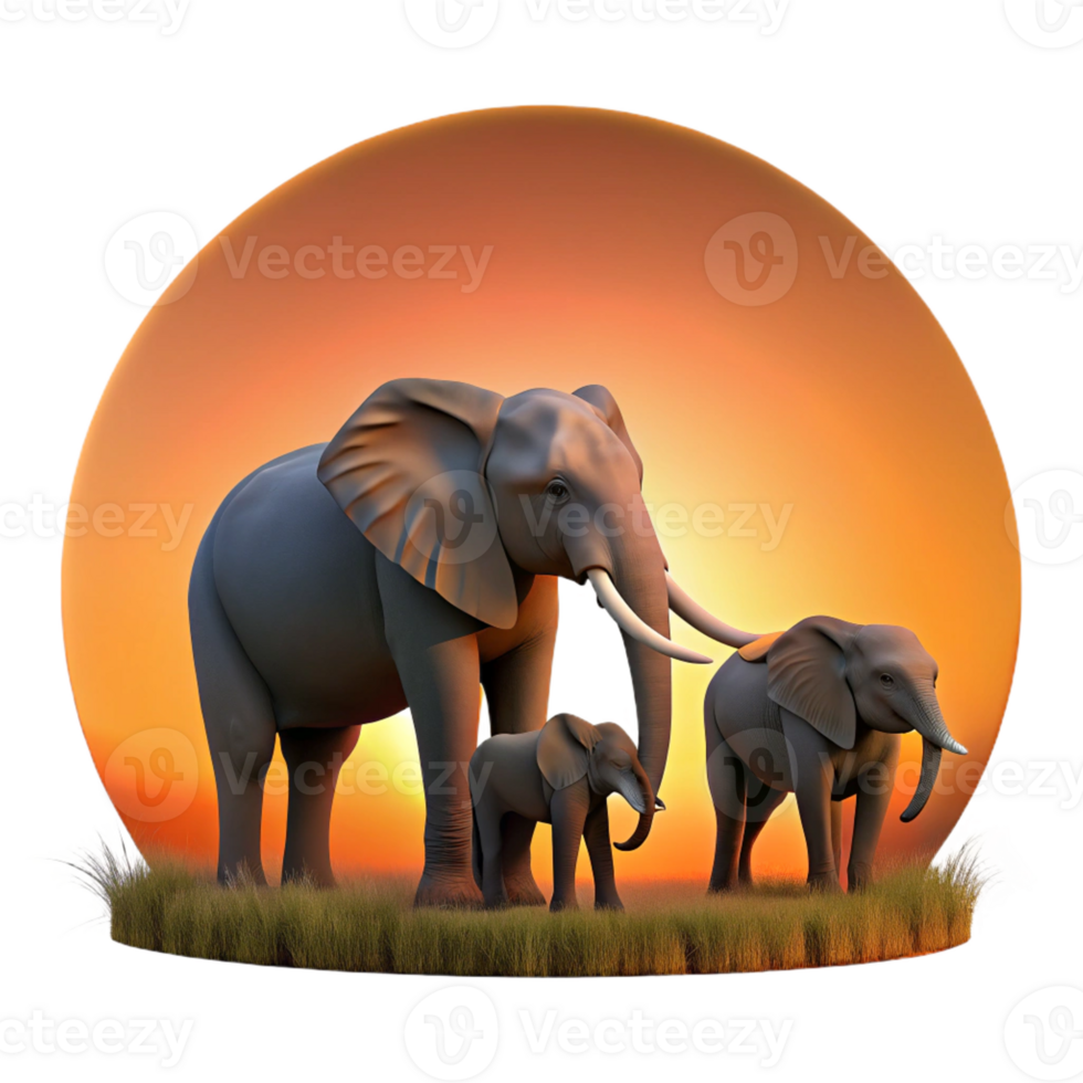stunning rustic A family of elephants walking across the savanna, silhouetted against a vibrant sunset, rendered in a majestic, realistic style high quality png