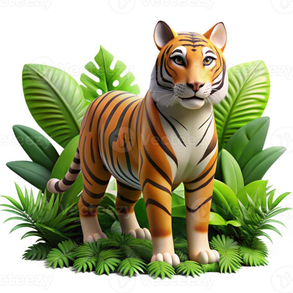 dramatic abstract A powerful tiger emerging from the dense jungle foliage, illuminated by dappled sunlight, rendered in a majestic, realistic style premium png