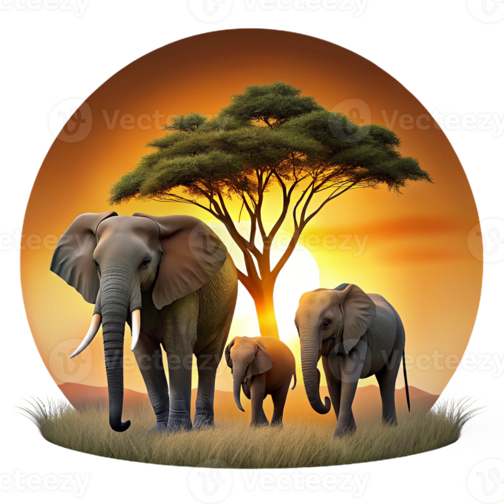 elegant artistic A family of elephants walking across the savanna, silhouetted against a vibrant sunset, rendered in a majestic, realistic style 4K png