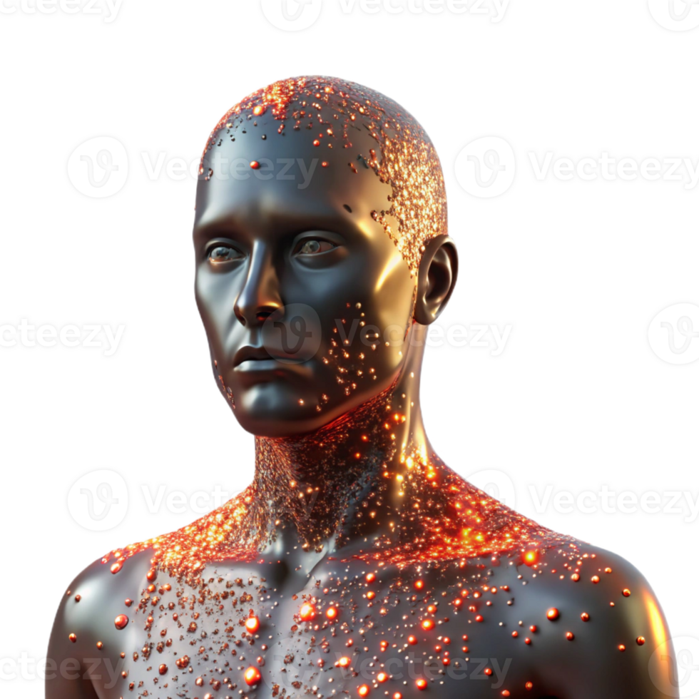 serene rustic A fragmented, deconstructed human form, composed of glowing particles, illuminated by a dramatic, chiaroscuro lighting, in a surrealist style high quality png
