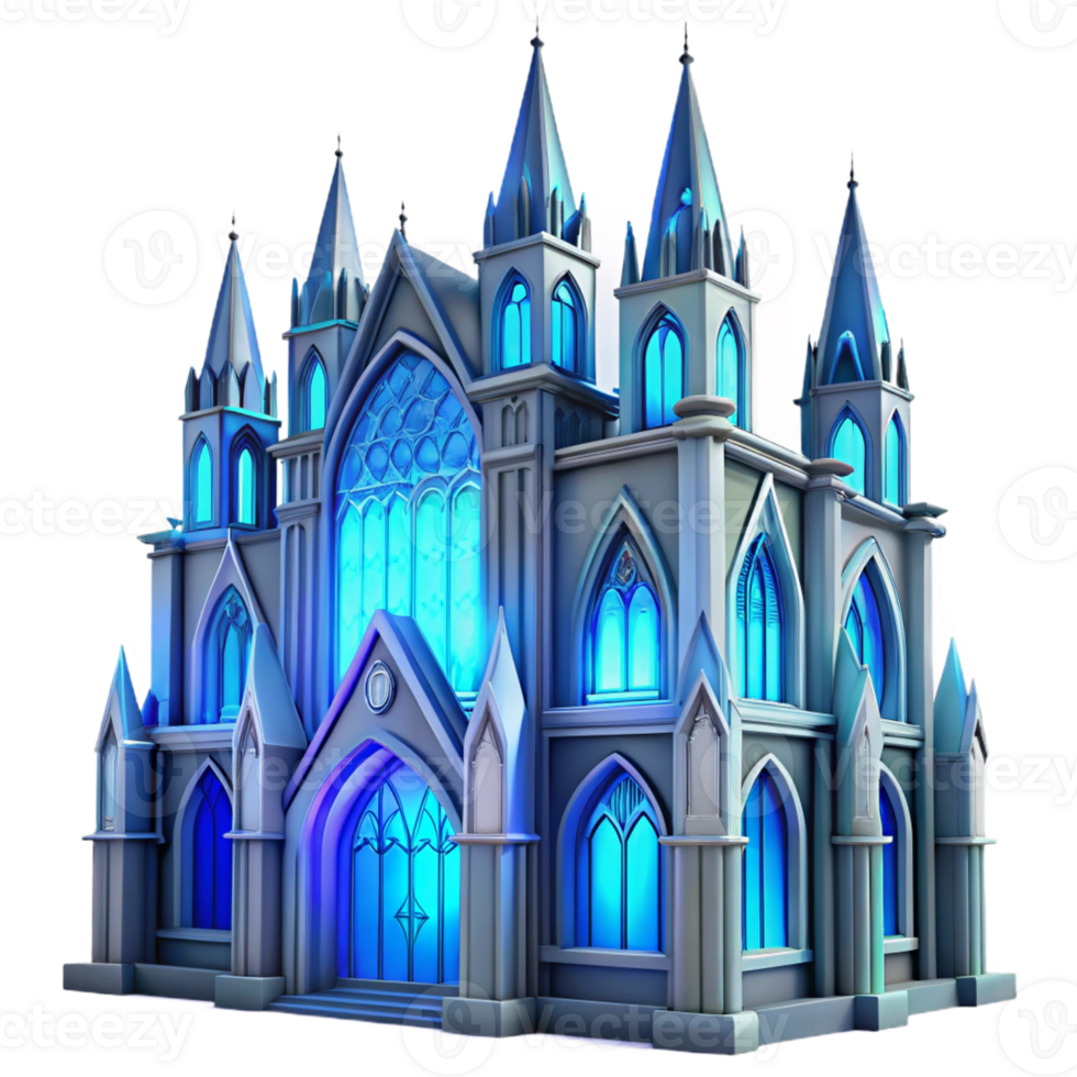 dramatic artistic Gothic cathedral, stained glass windows depicting abstract patterns, ethereal blue lighting, art nouveau style premium png