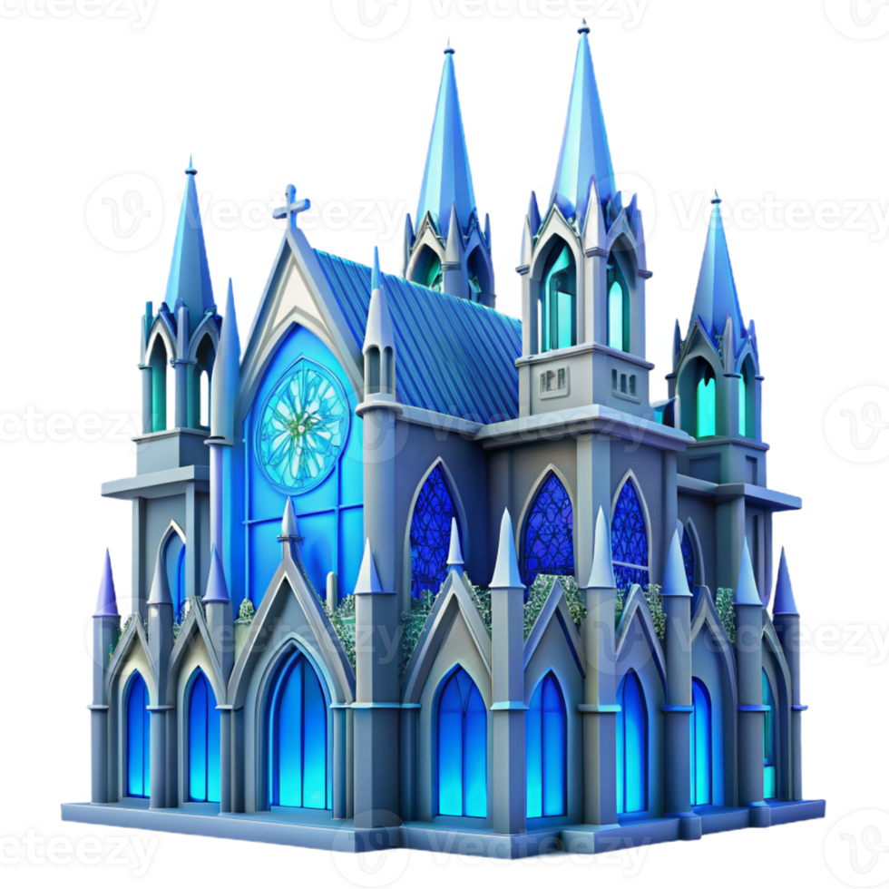 magnificent rustic Gothic cathedral, stained glass windows depicting abstract patterns, ethereal blue lighting, art nouveau style detailed png