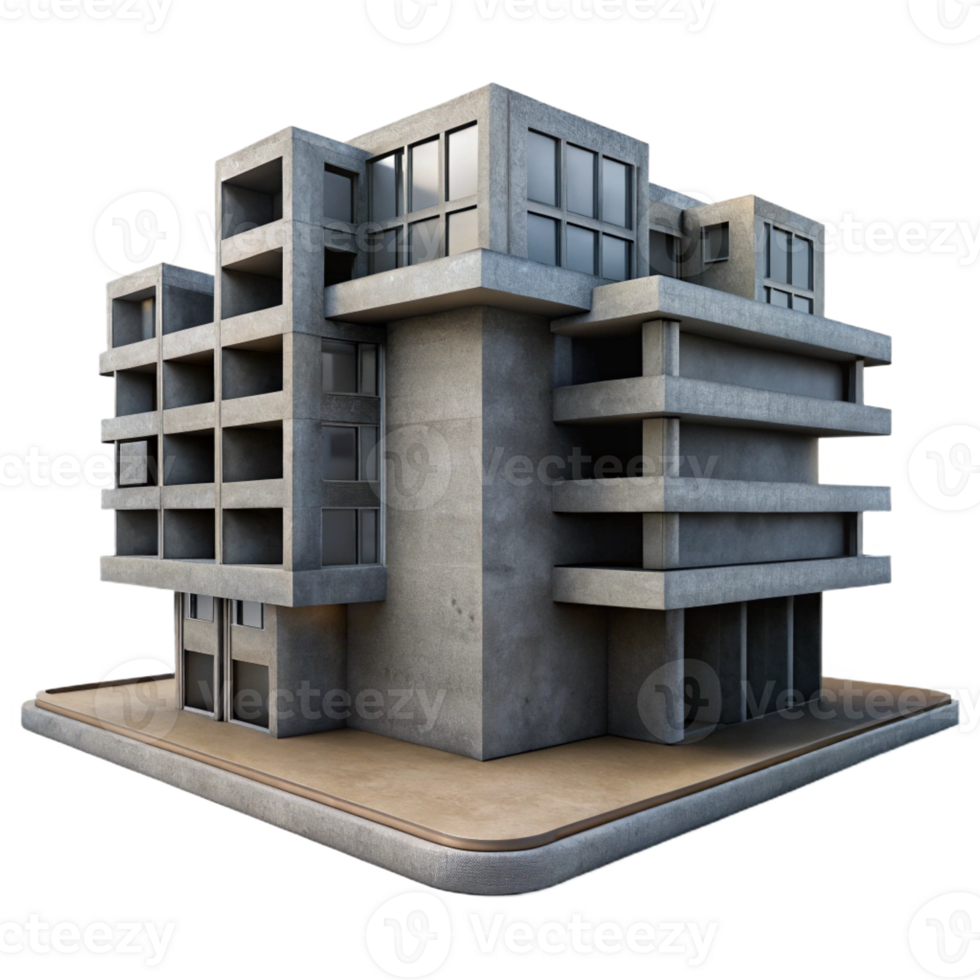 dramatic traditional Brutalist concrete apartment complex, harsh shadows, overcast lighting, photorealistic style original png