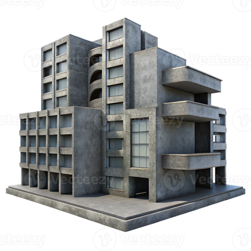 elegant rustic Brutalist concrete apartment complex, harsh shadows, overcast lighting, photorealistic style exclusive png