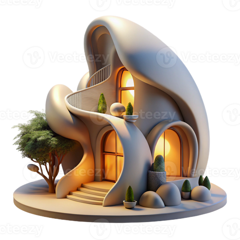 stunning traditional Organic architecture house, flowing curves, integrated with nature, golden hour lighting, fantasy art style authentic png