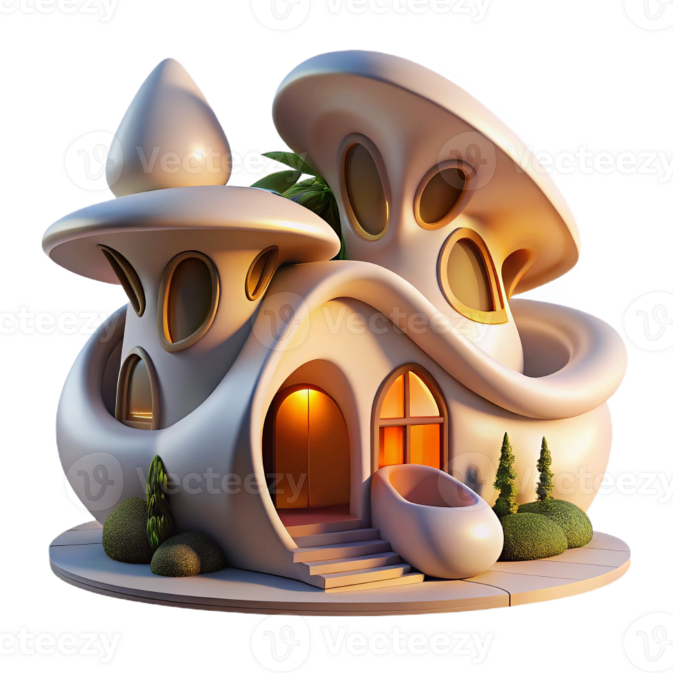 serene classic Organic architecture house, flowing curves, integrated with nature, golden hour lighting, fantasy art style professional png