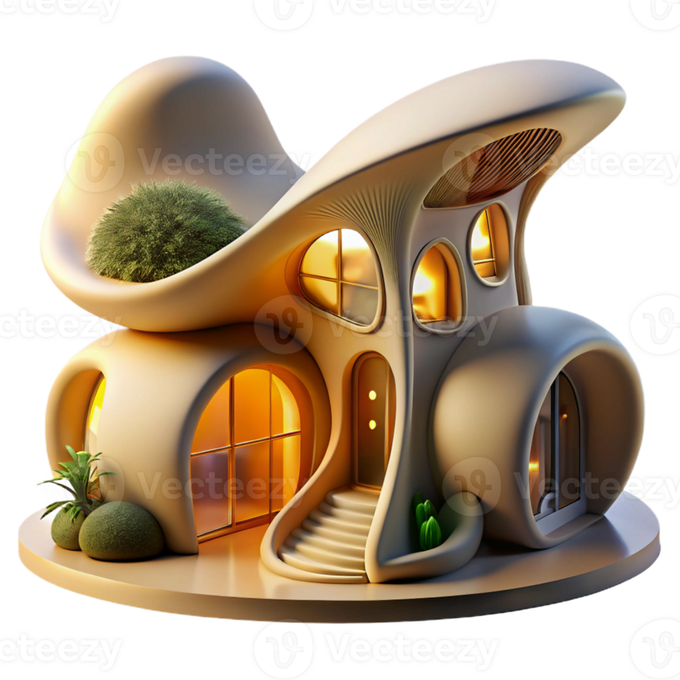 serene minimalist Organic architecture house, flowing curves, integrated with nature, golden hour lighting, fantasy art style authentic png