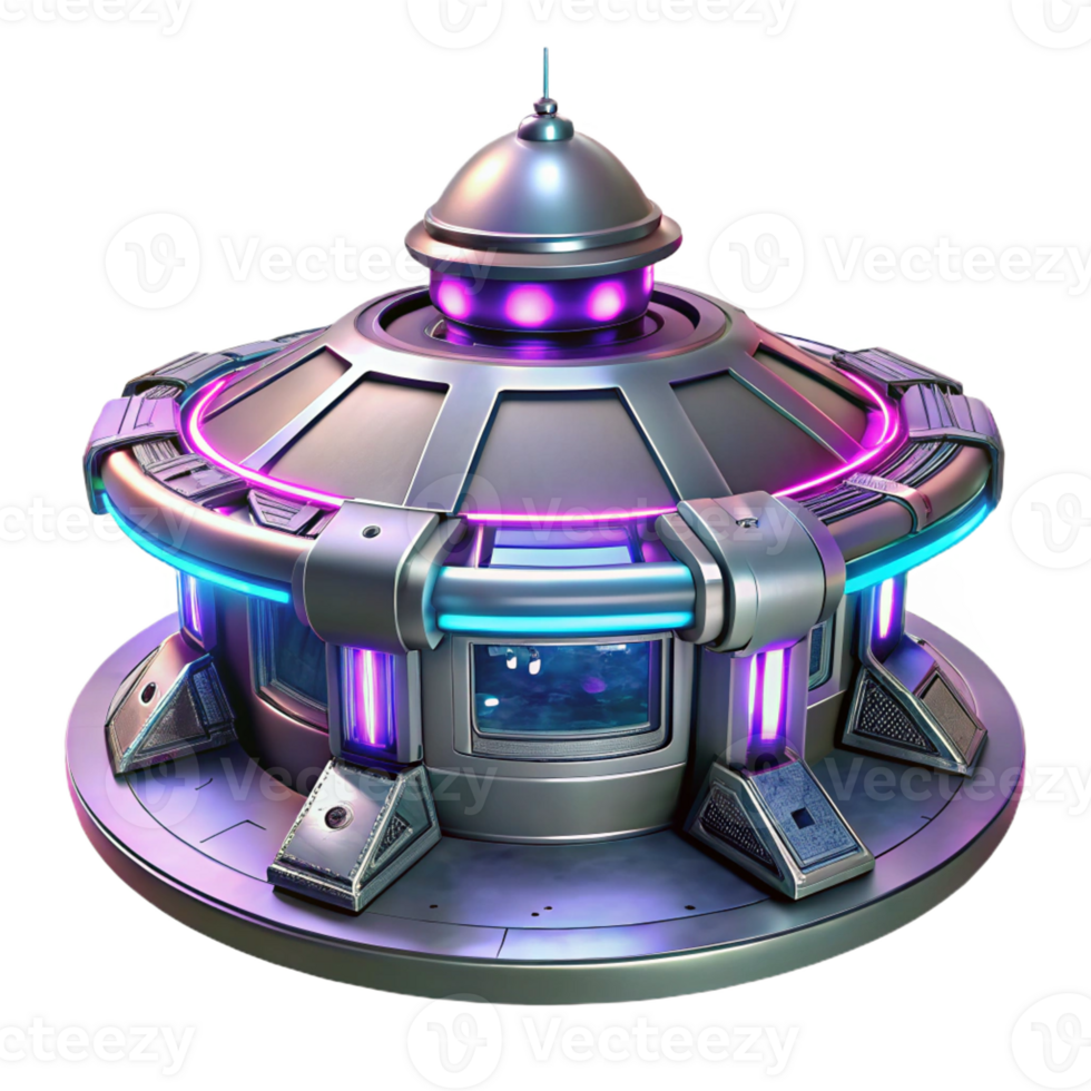 wonderful artistic Futuristic space station, sleek metallic design, neon lights, deep space lighting, cyberpunk style exclusive png