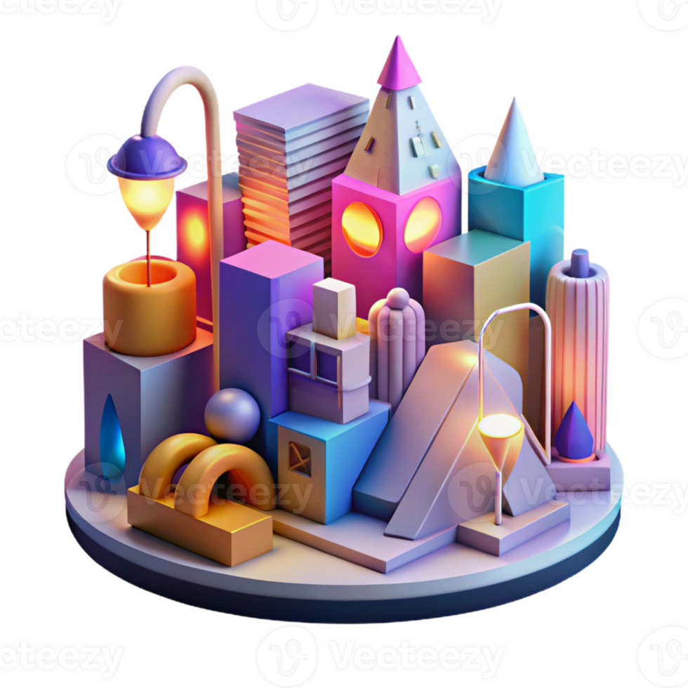 magnificent artistic A chaotic, abstract representation of urban life, using fragmented shapes and bold colors, lit by neon signs and streetlights, in a pop art style 4K png