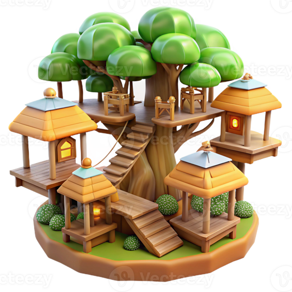 serene rustic Treehouse village, interconnected wooden platforms, dappled forest lighting, fairytale style 4K png
