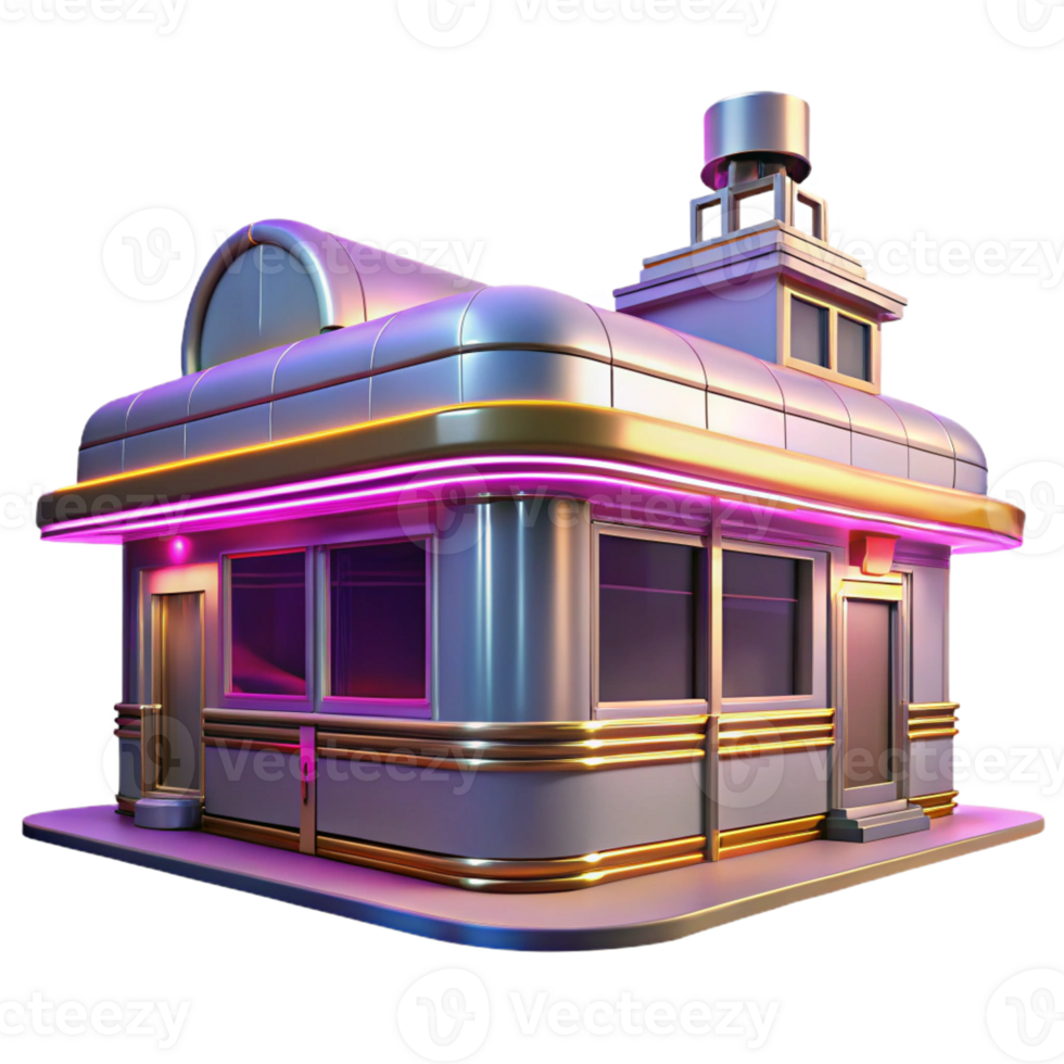 elegant creative Streamline Moderne diner, curved chrome details, neon signs, nighttime lighting, retro style 4K png