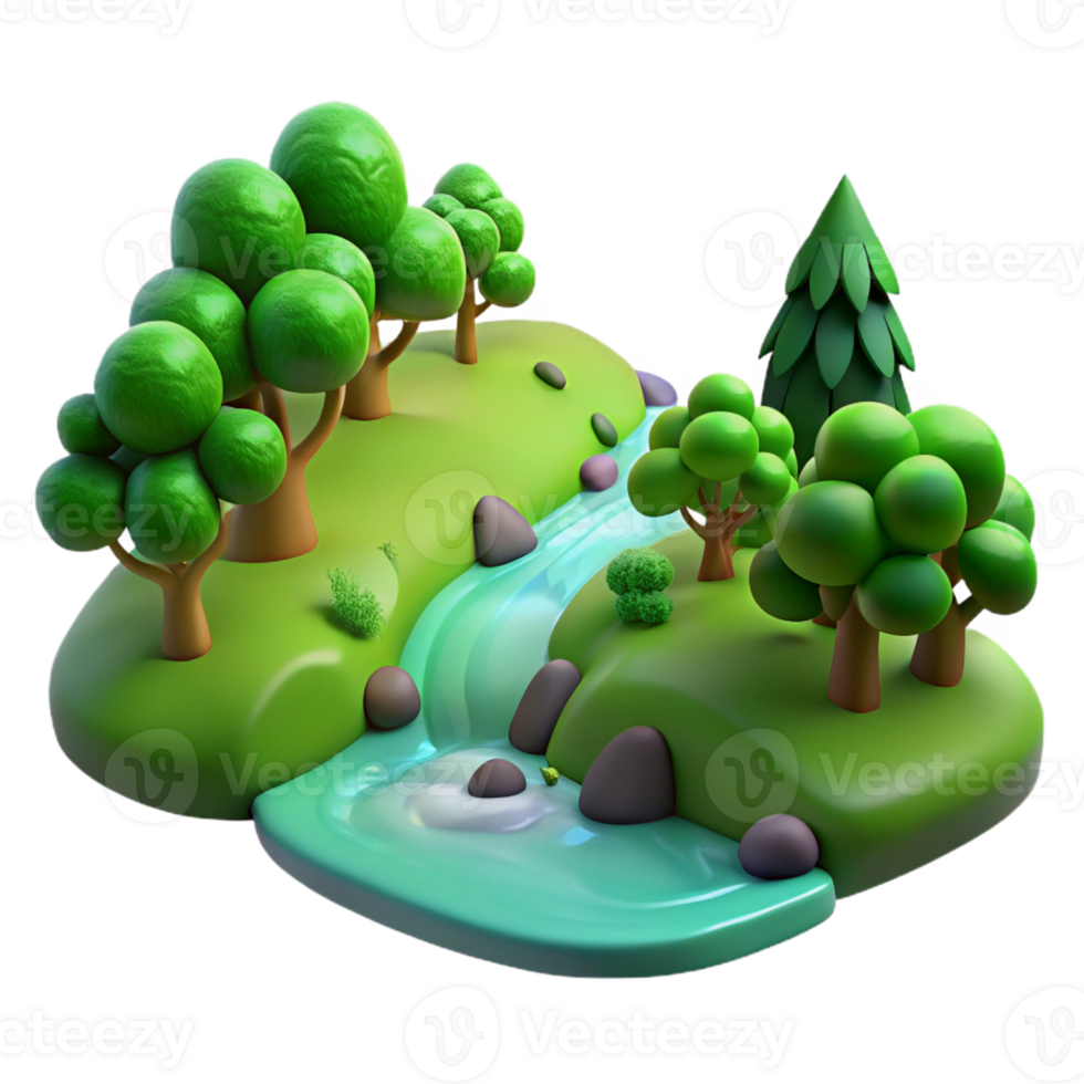 extraordinary rustic A babbling brook flowing through a lush green forest, realistic style, dappled sunlight high resolution png