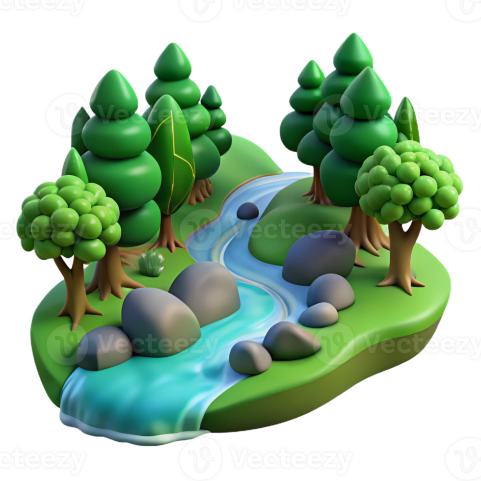 wonderful traditional A babbling brook flowing through a lush green forest, realistic style, dappled sunlight authentic png