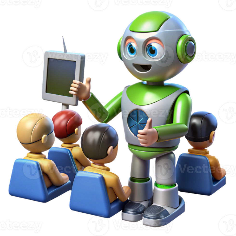 beautiful creative A chrome and glass humanoid robot teaching a class of diverse children about renewable energy, volumetric lighting, art deco style detailed png