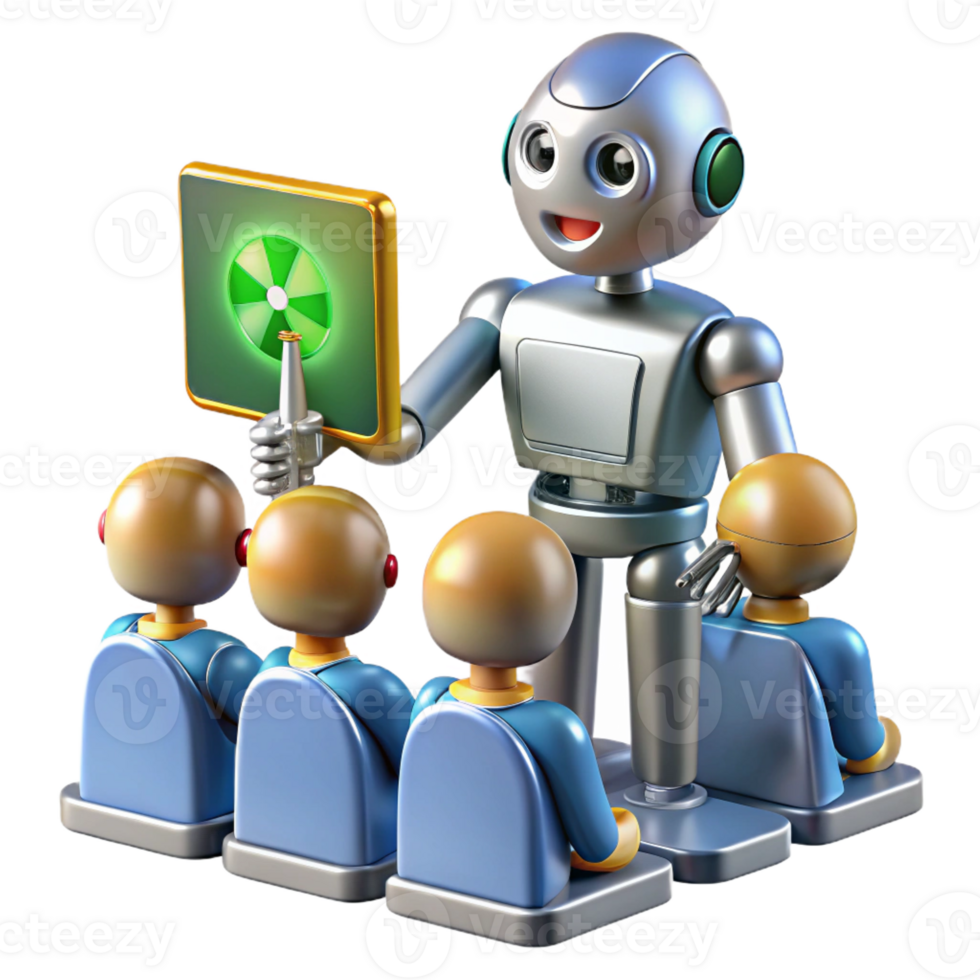 magnificent abstract A chrome and glass humanoid robot teaching a class of diverse children about renewable energy, volumetric lighting, art deco style high quality png