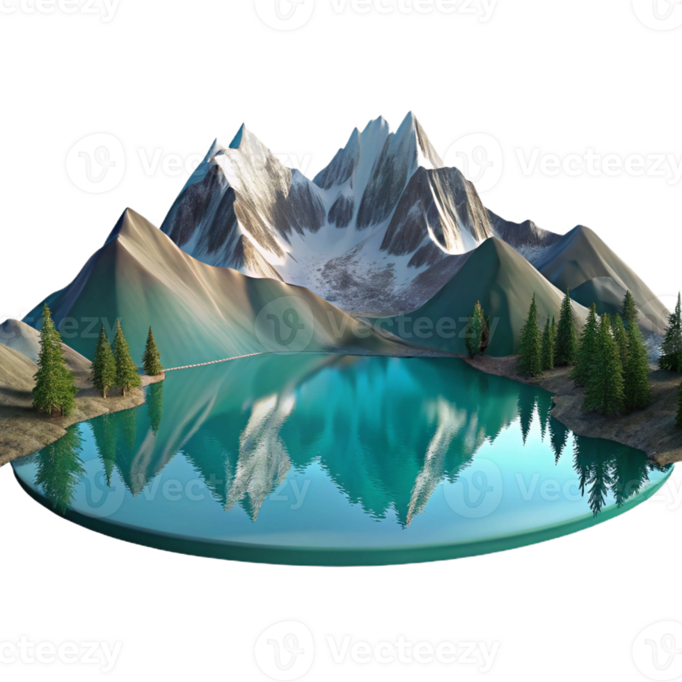 stunning minimalist A crystal clear lake reflecting the surrounding mountains, serene and peaceful, realistic style, morning light authentic png