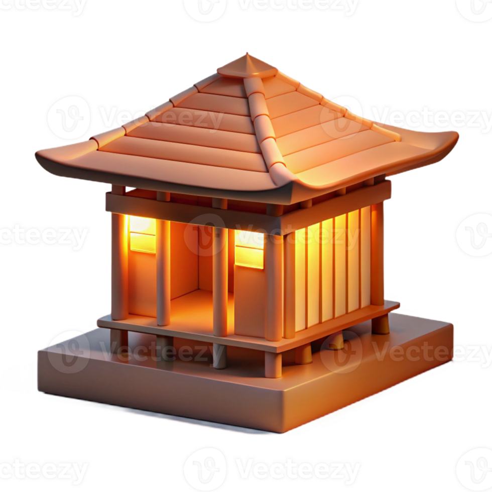 magnificent rustic A minimalist Japanese tea house made of bamboo and rice paper, bathed in the warm glow of sunset, rendered in a clean, art style authentic png