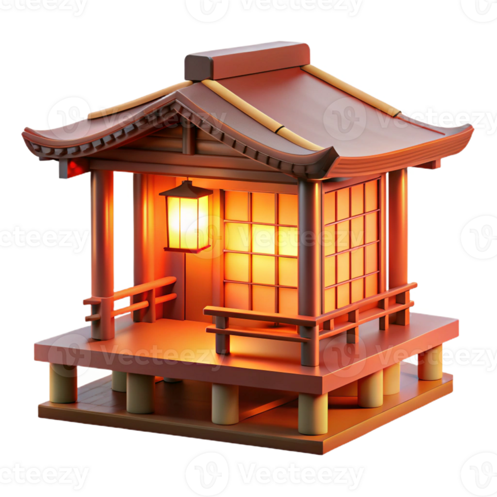 elegant creative A minimalist Japanese tea house made of bamboo and rice paper, bathed in the warm glow of sunset, rendered in a clean, art style high resolution png