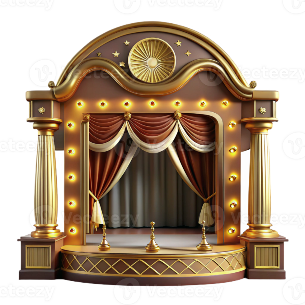 elegant minimalist An intricate Art Deco theatre with ornate gold detailing and velvet curtains, illuminated by the soft glow of stage lights, rendered in a vintage, glamorous style original png