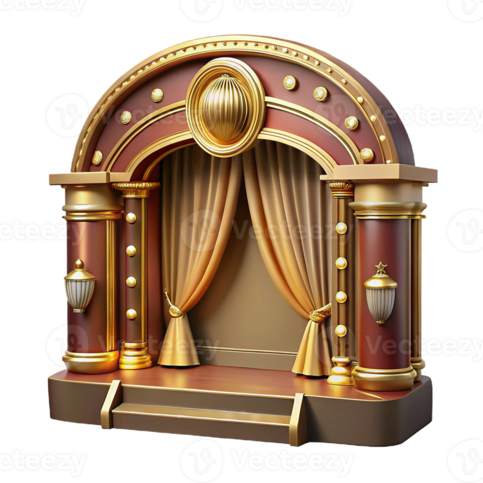 beautiful creative An intricate Art Deco theatre with ornate gold detailing and velvet curtains, illuminated by the soft glow of stage lights, rendered in a vintage, glamorous style high quality png