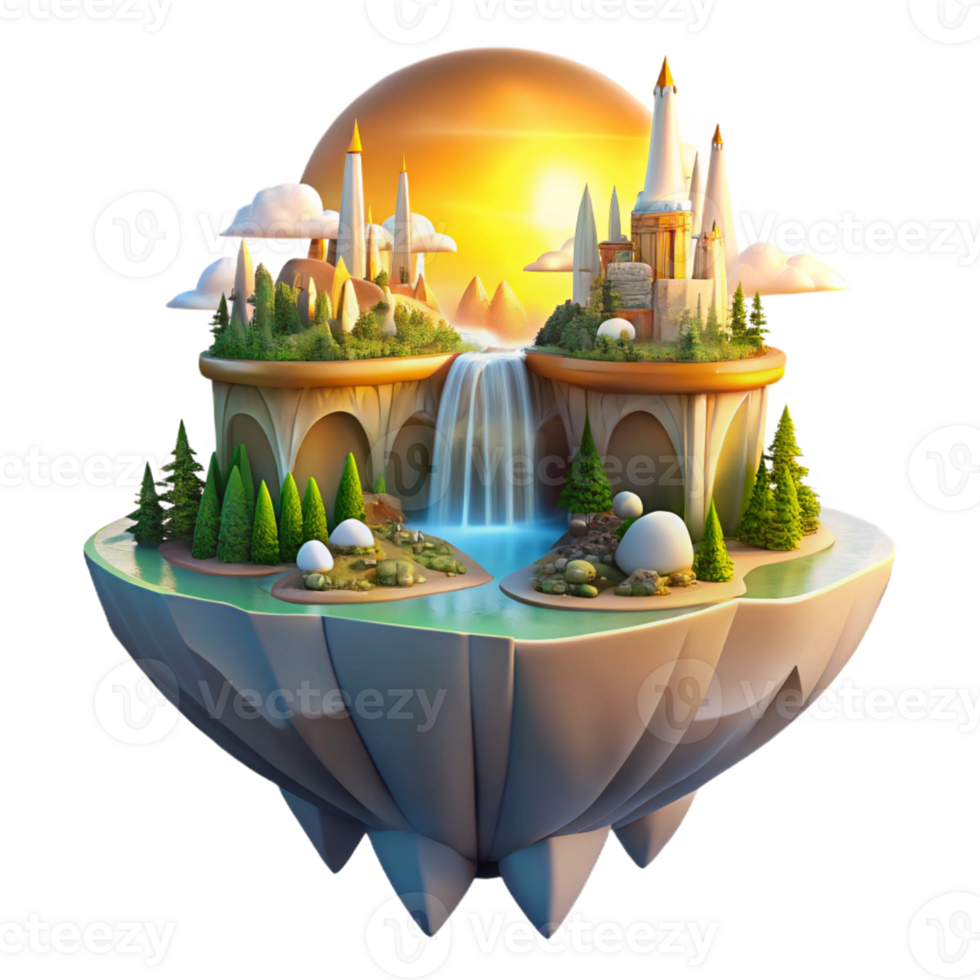 stunning contemporary A floating island city with cascading waterfalls and lush gardens, bathed in the golden light of a sunrise, in a fantastical, painterly style exclusive png