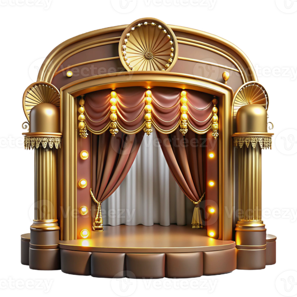 vibrant vintage An intricate Art Deco theatre with ornate gold detailing and velvet curtains, illuminated by the soft glow of stage lights, rendered in a vintage, glamorous style 4K png