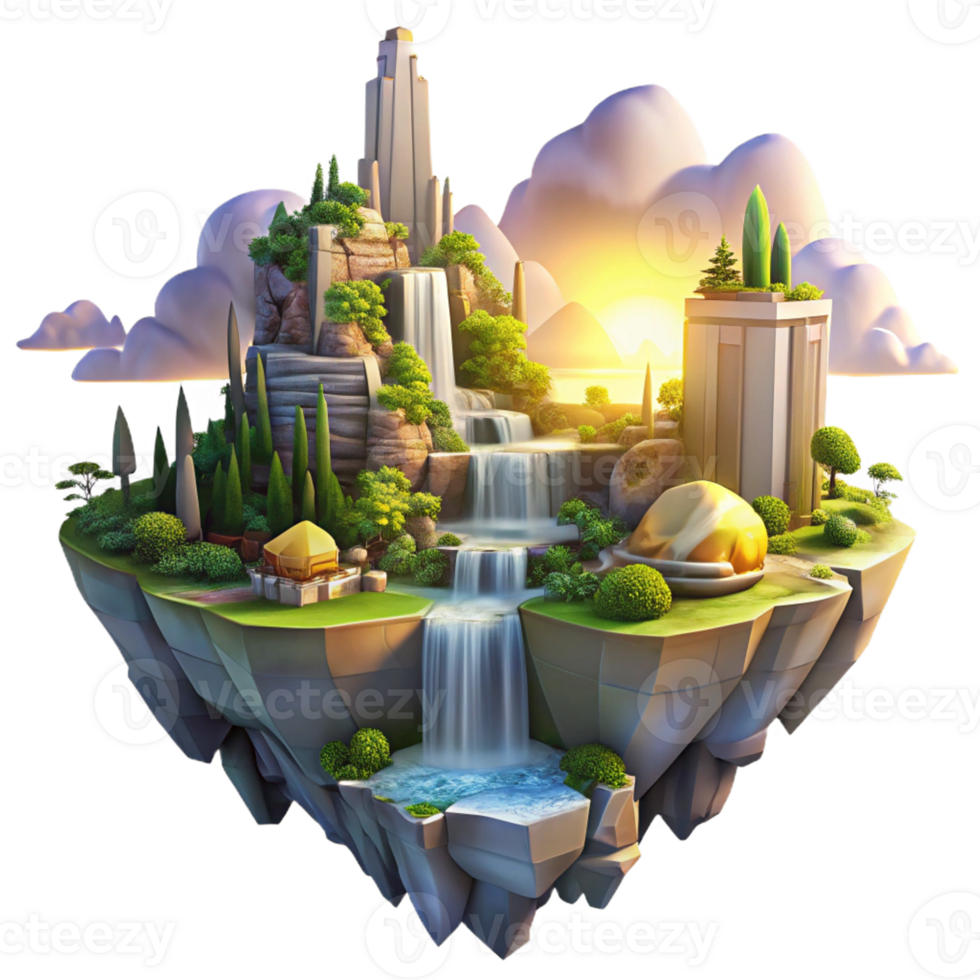 stunning minimalist A floating island city with cascading waterfalls and lush gardens, bathed in the golden light of a sunrise, in a fantastical, painterly style exclusive png