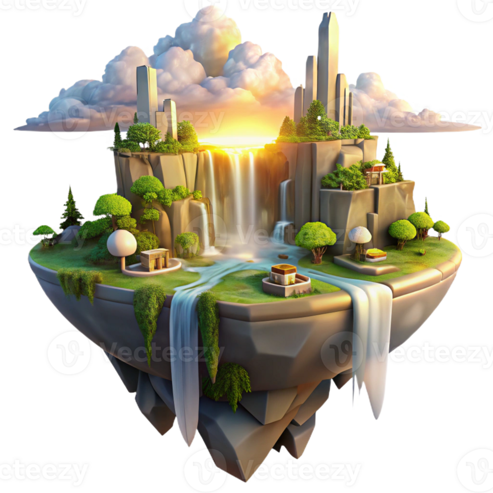 extraordinary rustic A floating island city with cascading waterfalls and lush gardens, bathed in the golden light of a sunrise, in a fantastical, painterly style 4K png