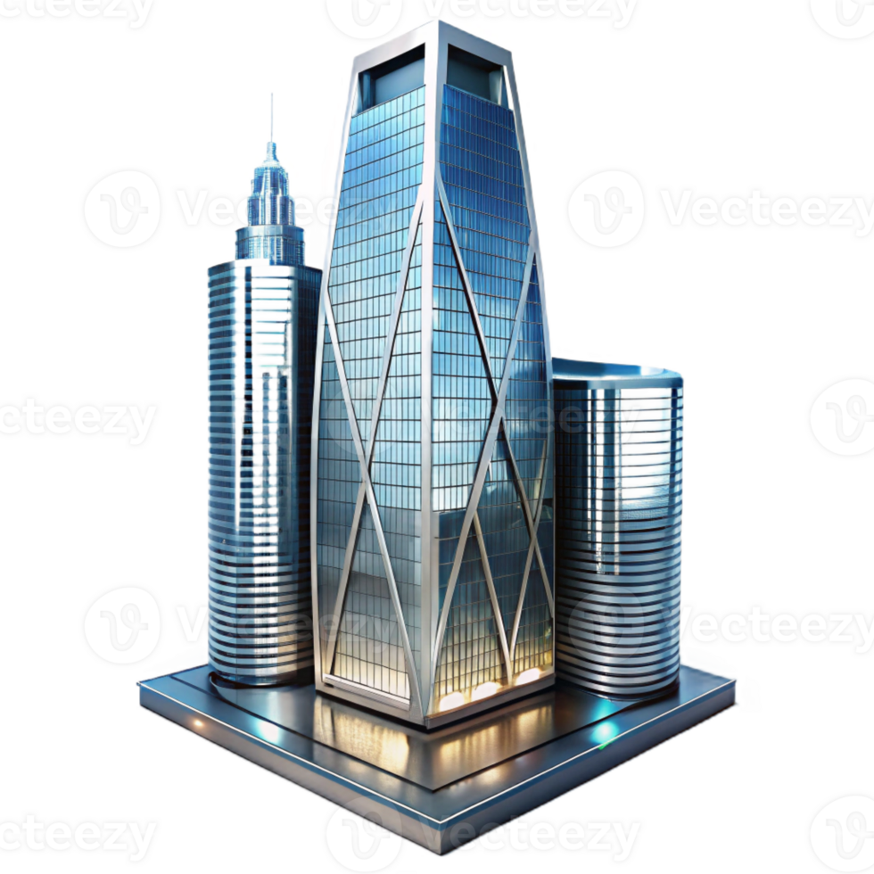 impressive classic A modern glass and steel skyscraper with sharp angles and reflective surfaces, illuminated by the bright lights of a bustling city, in a photorealistic architectural style authentic png