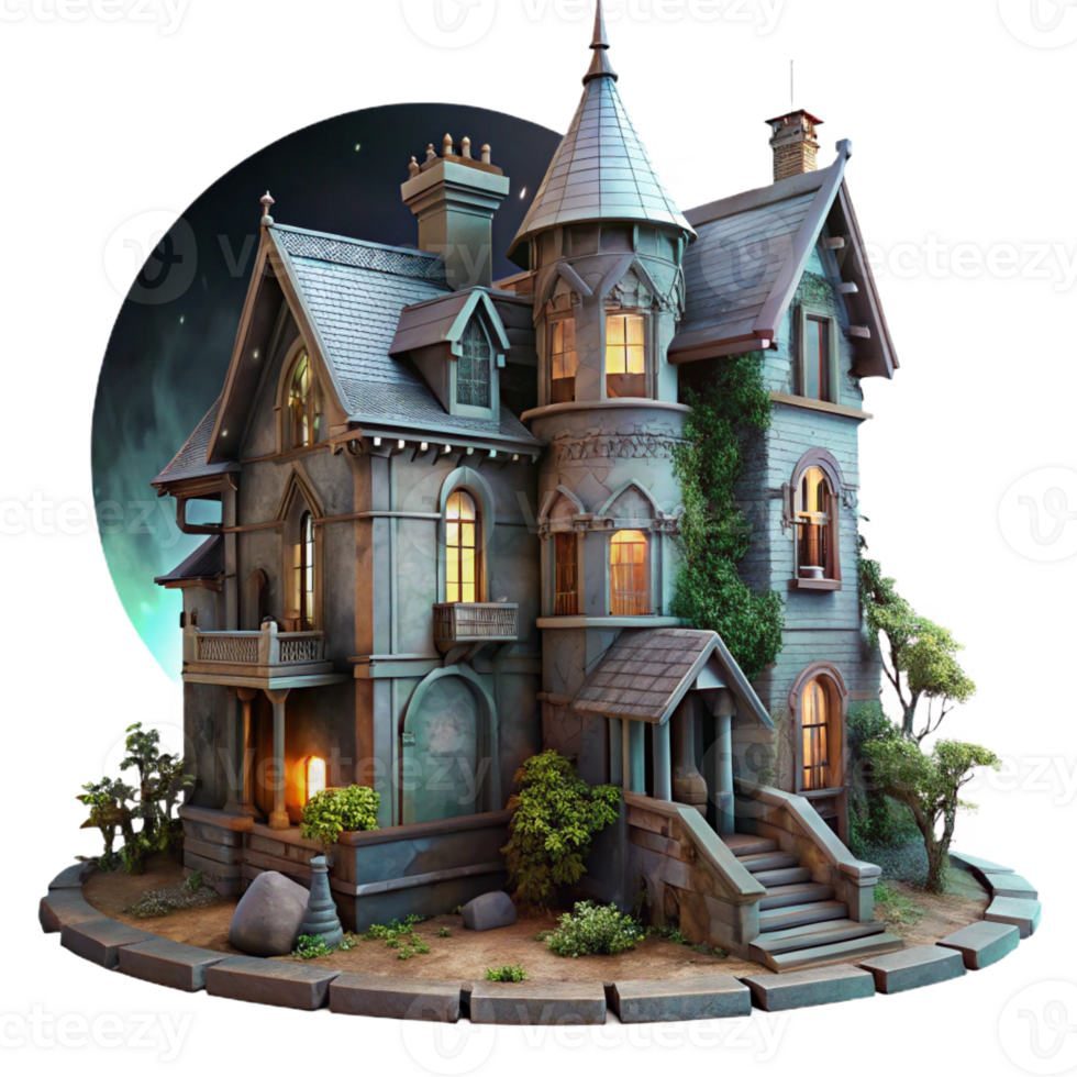 wonderful modern A dilapidated Victorian mansion with broken windows and overgrown ivy, lit by the eerie glow of the moon, in a gothic, horror style professional png