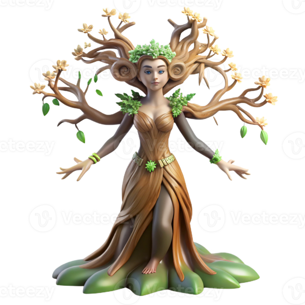 extraordinary abstract A graceful dryad emerging from an ancient oak, adorned with vines and blossoms, lit by dappled sunlight, in the style of Art Nouveau original png
