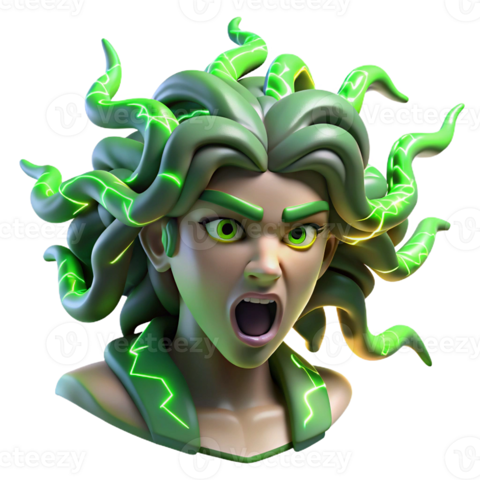 elegant classic A wrathful Medusa with snakes for hair, turning a warrior to stone, lit by flashes of green lightning, in the style of a Greek vase painting professional png