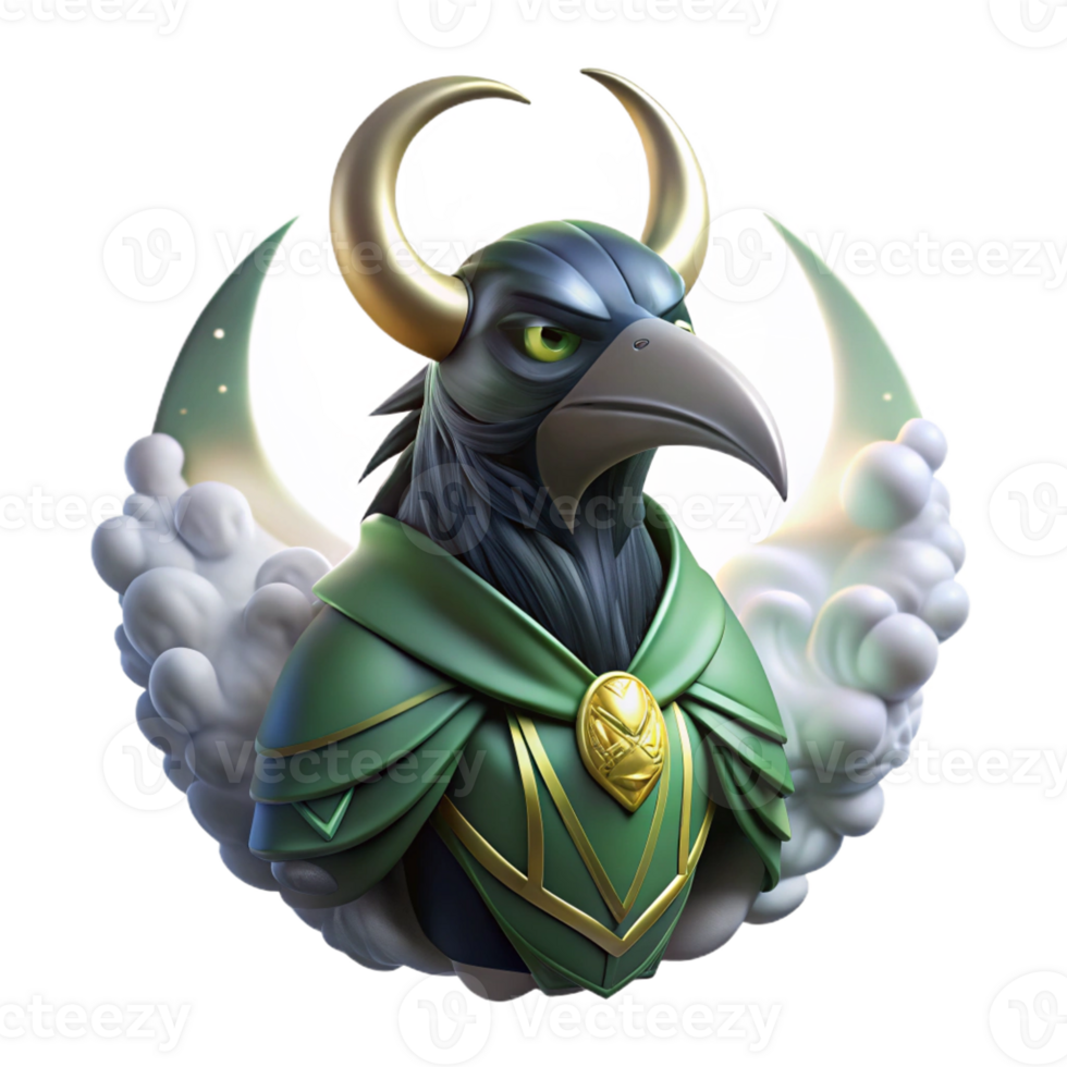stunning vintage A cunning Loki transforming into a raven, surrounded by swirling mists, illuminated by a sliver of moonlight, in the style of Norse mythology art authentic png