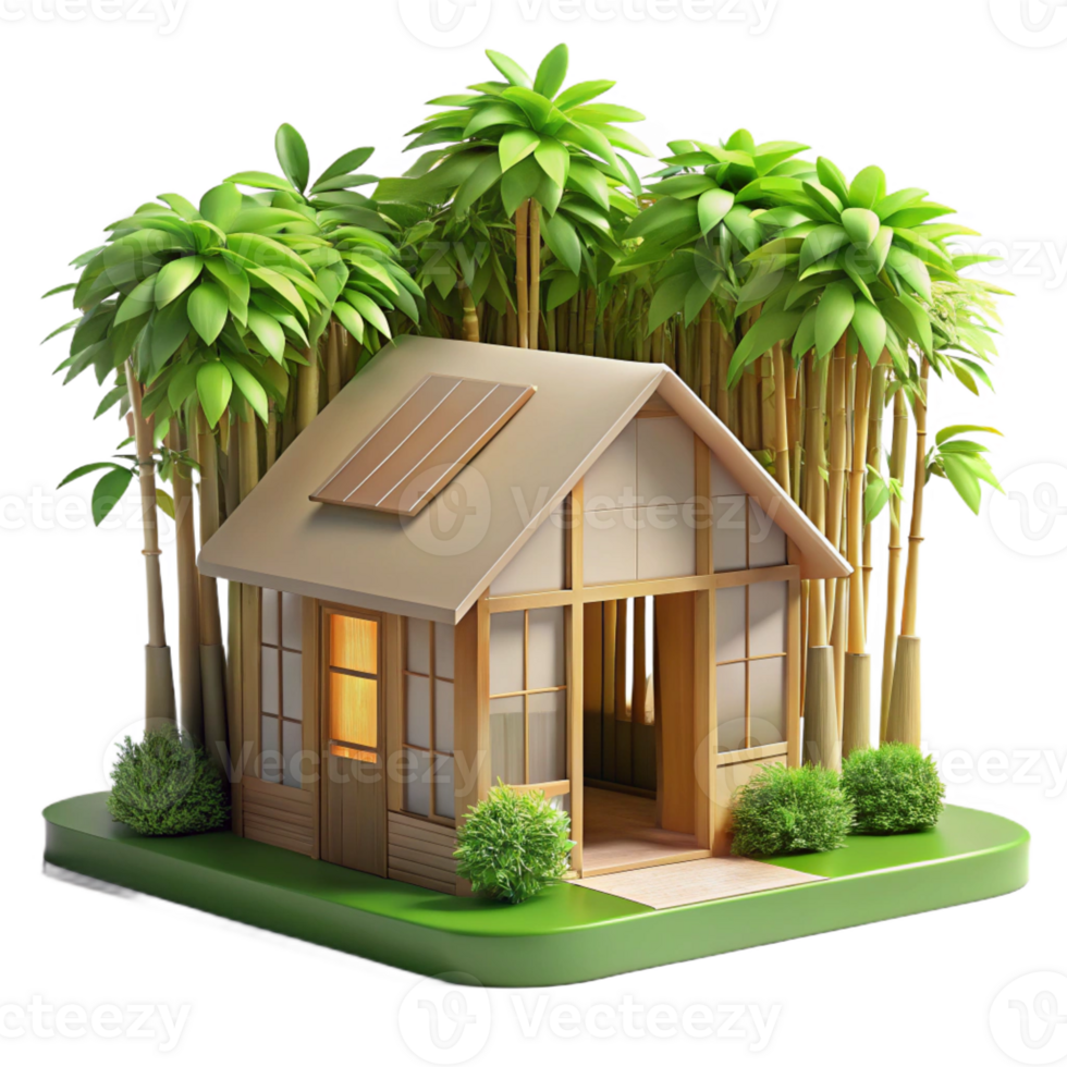wonderful rustic A sustainable eco-house built of bamboo and recycled materials, bathed in the sunlight filtering through leafy trees, in a realistic, environmentally conscious style authentic png