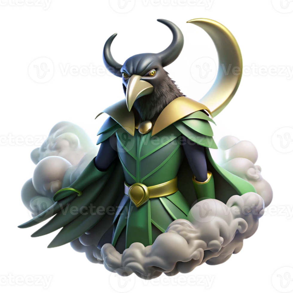 wonderful abstract A cunning Loki transforming into a raven, surrounded by swirling mists, illuminated by a sliver of moonlight, in the style of Norse mythology art high resolution png