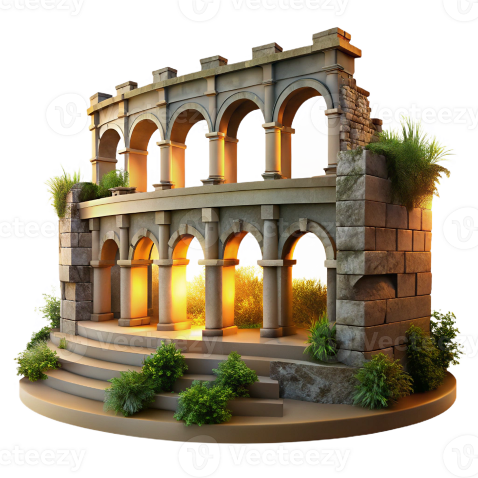 extraordinary classic A Roman amphitheater with crumbling stone arches and overgrown vegetation, lit by the golden light of sunset, in a historical, evocative style original png