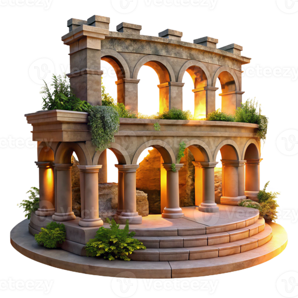 impressive abstract A Roman amphitheater with crumbling stone arches and overgrown vegetation, lit by the golden light of sunset, in a historical, evocative style detailed png