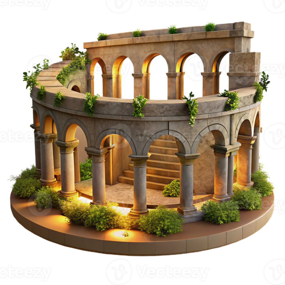 magnificent modern A Roman amphitheater with crumbling stone arches and overgrown vegetation, lit by the golden light of sunset, in a historical, evocative style 4K png