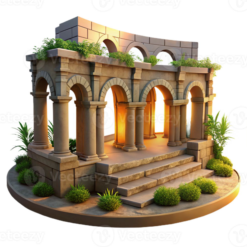 beautiful artistic A Roman amphitheater with crumbling stone arches and overgrown vegetation, lit by the golden light of sunset, in a historical, evocative style original png