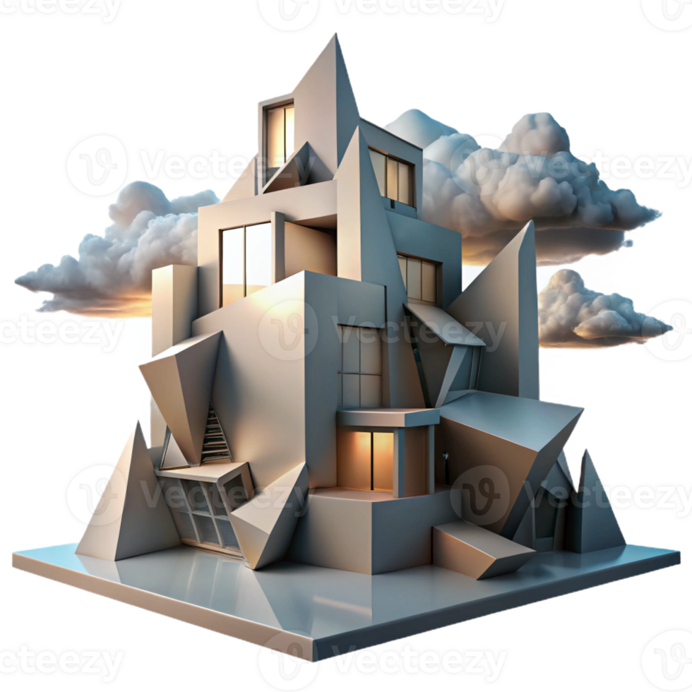 stunning abstract A decontructivist building with fragmented shapes and distorted angles, lit by the stark light of a cloudy sky, in an abstract, architectural style detailed png