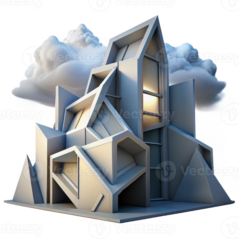 elegant creative A decontructivist building with fragmented shapes and distorted angles, lit by the stark light of a cloudy sky, in an abstract, architectural style high resolution png
