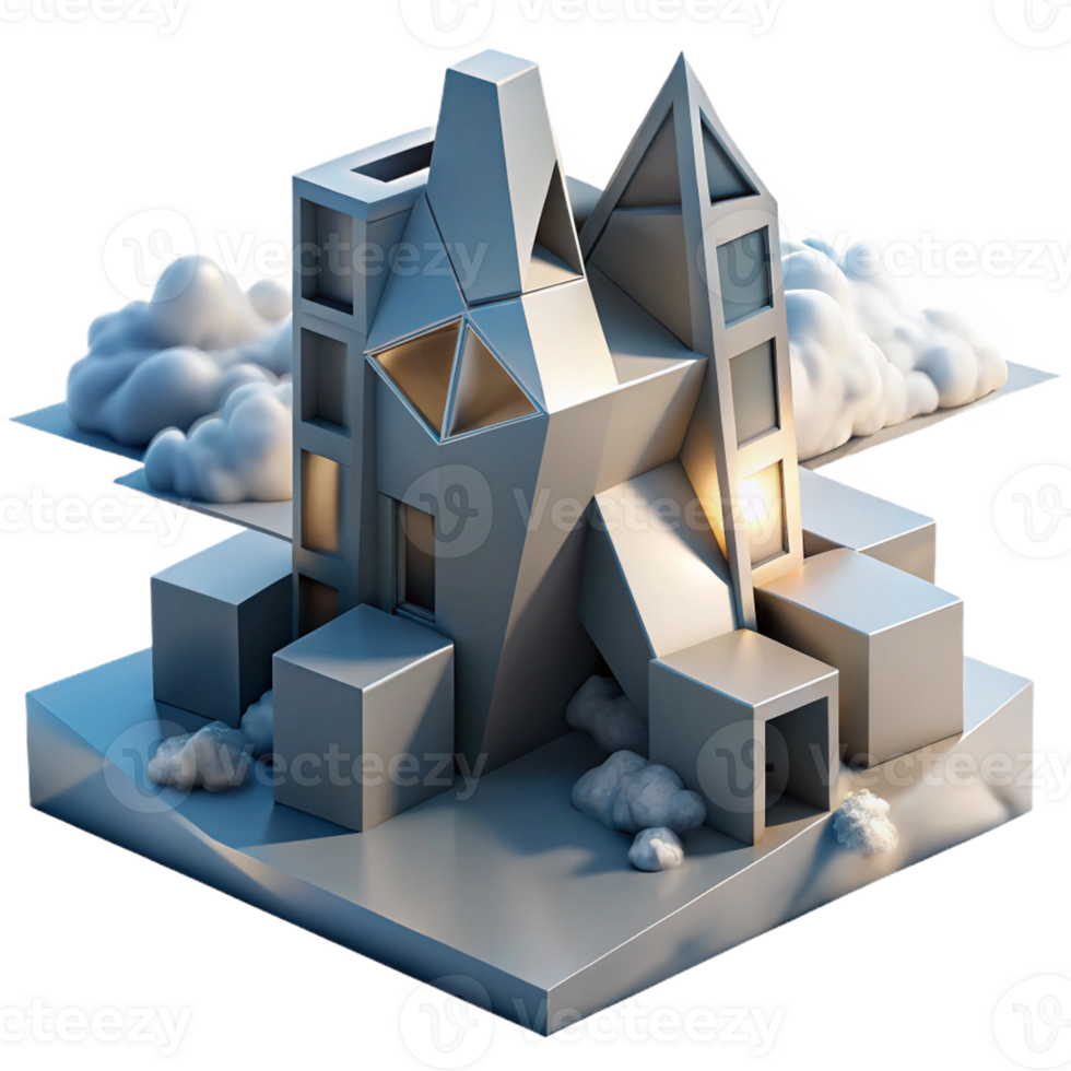 vibrant traditional A decontructivist building with fragmented shapes and distorted angles, lit by the stark light of a cloudy sky, in an abstract, architectural style authentic png
