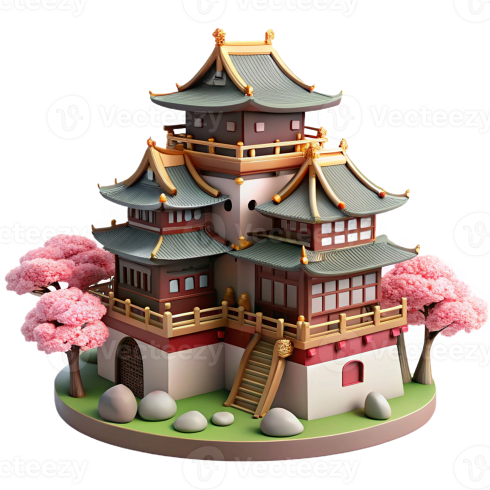 extraordinary minimalist A traditional Japanese castle with towering stone walls and ornate wooden roofs, bathed in the soft light of cherry blossoms, in a detailed, historical style original png