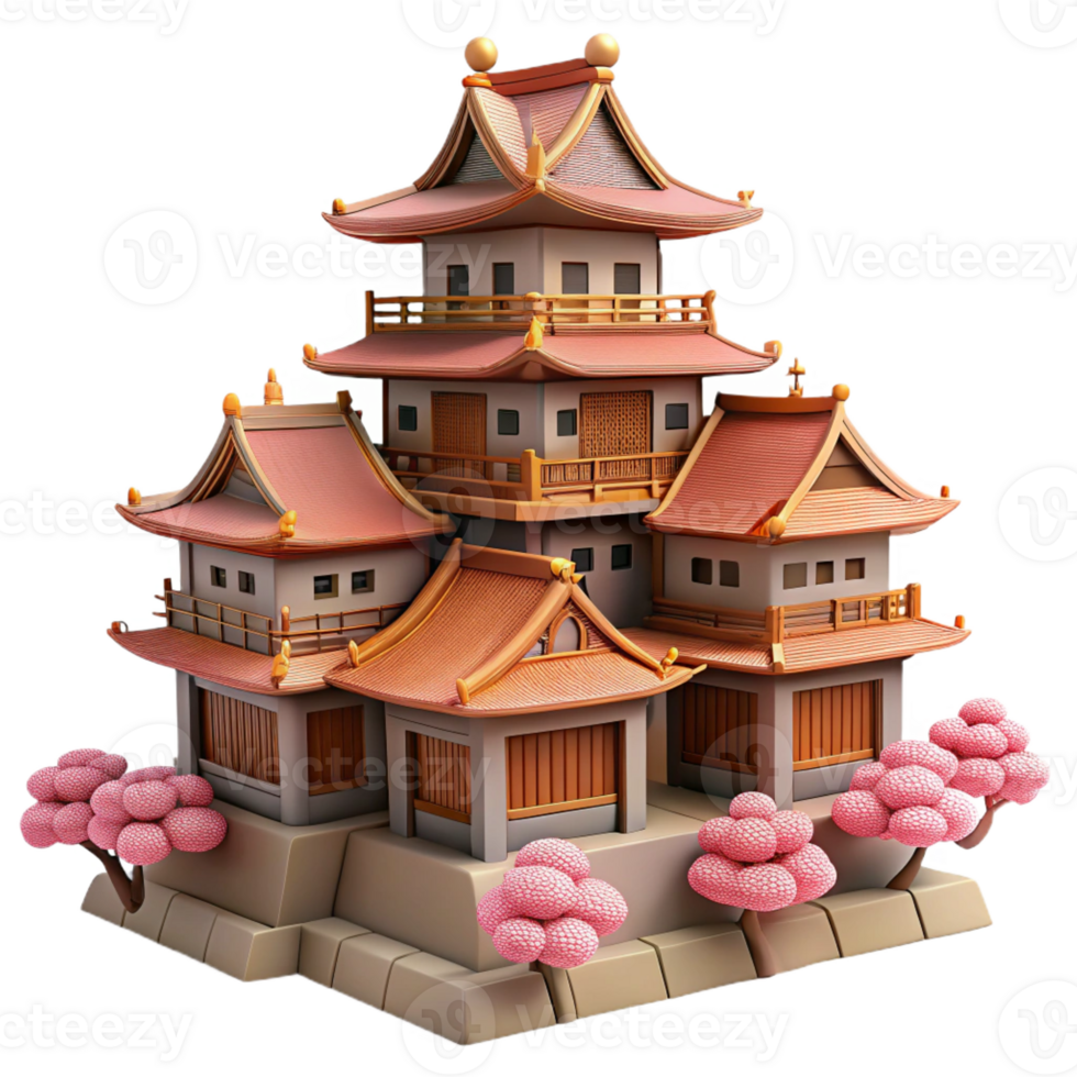 beautiful rustic A traditional Japanese castle with towering stone walls and ornate wooden roofs, bathed in the soft light of cherry blossoms, in a detailed, historical style detailed png