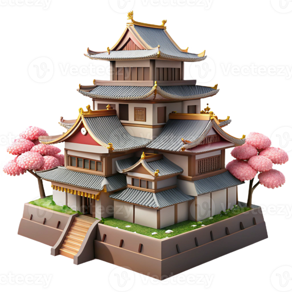 vibrant creative A traditional Japanese castle with towering stone walls and ornate wooden roofs, bathed in the soft light of cherry blossoms, in a detailed, historical style genuine png