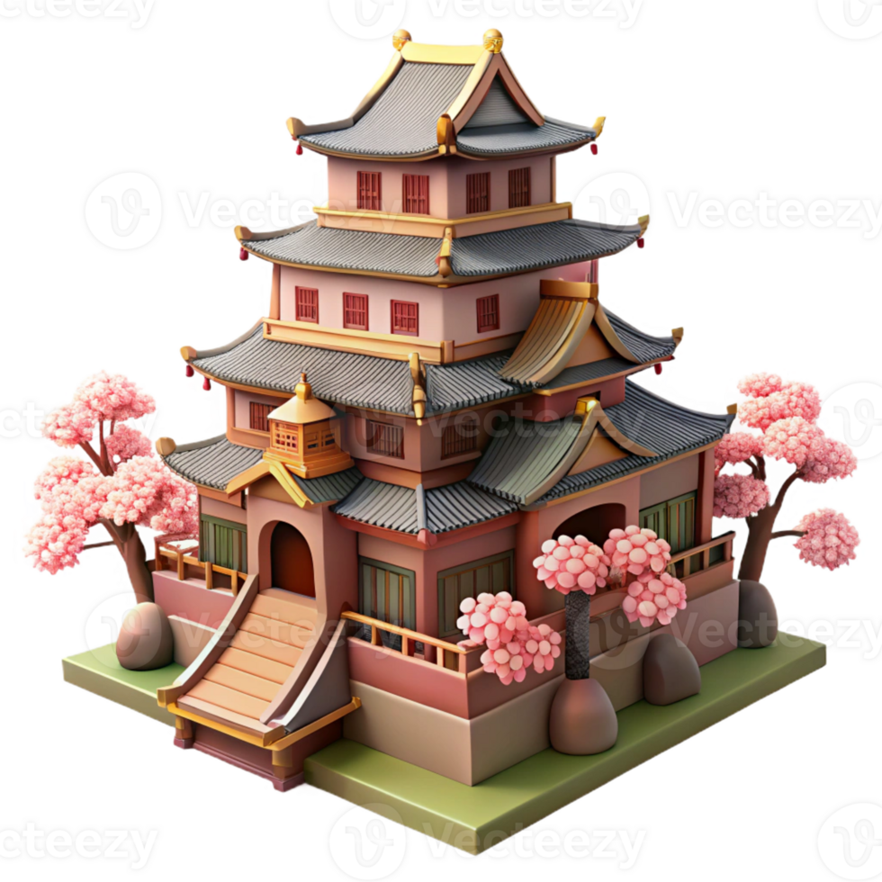 elegant rustic A traditional Japanese castle with towering stone walls and ornate wooden roofs, bathed in the soft light of cherry blossoms, in a detailed, historical style 4K png