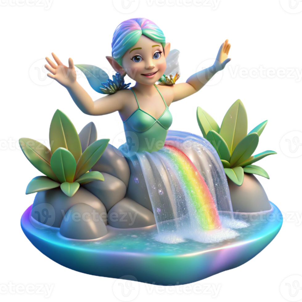 vibrant vintage A playful nymph frolicking in a crystal-clear waterfall, illuminated by rainbows, in the style of Impressionism high quality png