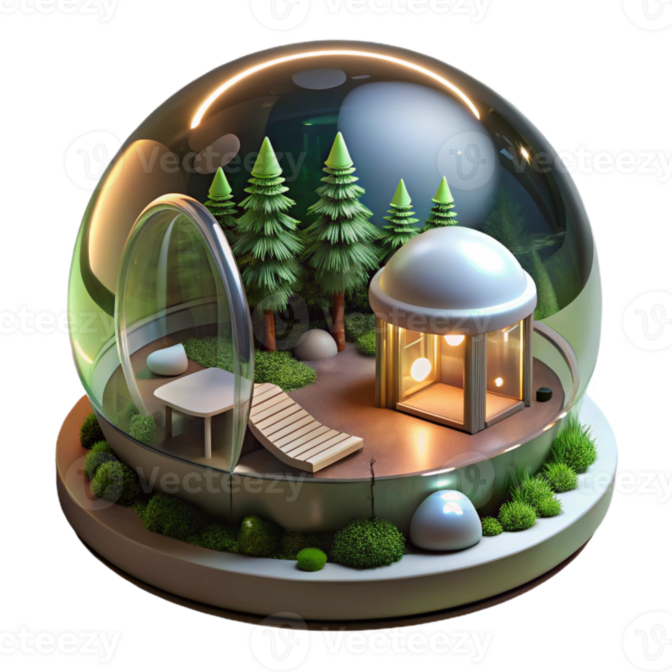 serene abstract An inflatable, transparent bubble house suspended in a forest canopy, illuminated by the dappled sunlight and glowing internal lights, in a futuristic, eco-friendly style exclusive png