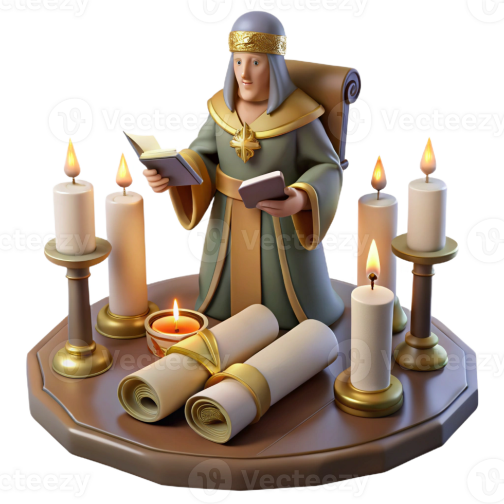 dramatic artistic A wise oracle consulting the runes, surrounded by ancient scrolls and flickering candles, in the style of medieval art authentic png