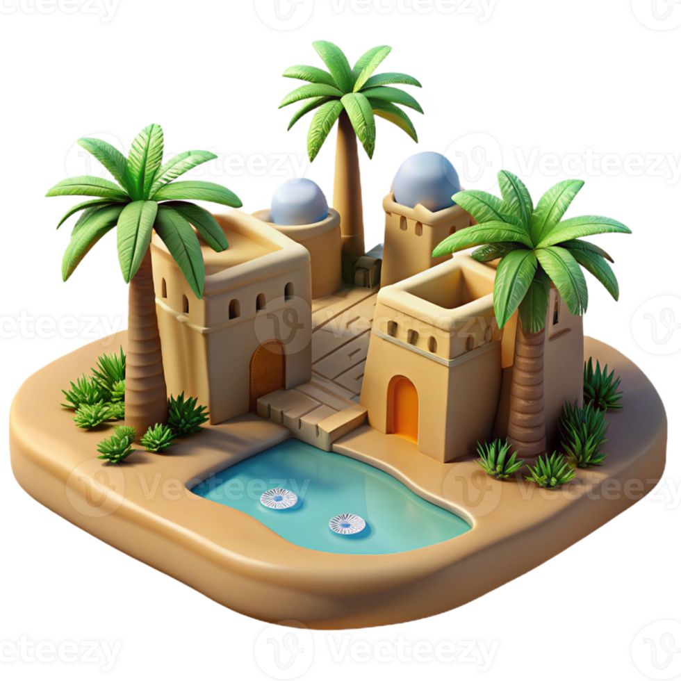 stunning contemporary A desert oasis with a traditional mud-brick village and lush palm trees, illuminated by the harsh sunlight, in a realistic, travel photography style high resolution png